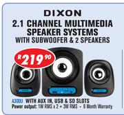 Dixon 2.1 Channel Multimedia Speaker Systems With Subwoofer & 2 Speakers A300U