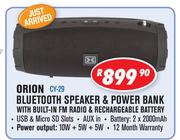 Orion Bluetooth Speaker & Power Bank With Built In FM Radio & Rechargeable Battery CY-29