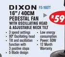 Dixon 16"/40cm Pedestal Fan With Oscillating Head & Adjustable Fan FS-1607T