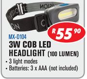 Clearvision 3W COB LED Headlight 100 Lumen MX-D104 3 Light Modes Batteries 3xAAA (Not Included)