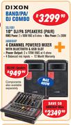 Dixon 10" DJ/PA Speakers (Pair) + Dixon 4 Channel Powered Mixer With Bluetooth & USB Slot