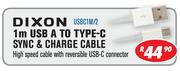Dixon 1m USB A To Type-C Sync & Charge Cable USBC1M/2