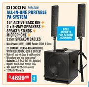 Dixon 15" Active Bass Bin+2X5 Way Speakers+Speaker Stands+Microphone+2x5m Speakon Cables