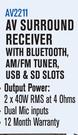 Dixon AV Surround Receiver With Bluetooth,AM/FM Tuner,USB & SD Slots AV2211