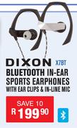 Dixon Bluetooth In-Ear Sports Earphones With Ear Clips & In-Line Mic