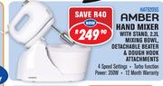 Amber Hand Mixer With Stand 2.2L Mixing Bowl, Detachable Beater & Dough Hook Attachments HAT9205S
