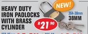 Heavy Duty Iron Padlock With Brass Cylinder 38mm (364-38mm)