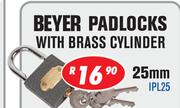 Beyer 25mm Padlocks With Brass Cylinder IPL25