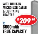 Dixon 6000 mAh True Capacity Power Banks With Built In Micro USB Cable & Lighting Adapter T5