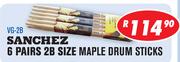 Sanchez 6 Pairs 2B Size Maple Drum Sticks VG-2B