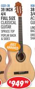 Sanchez Classical & Acoustic Guitars & Ukuleles 39” 4/4 Full Size Classical Guitar CG31-39