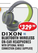 Dixon Bluetooth Wireless On Ear Headphones With Optional Wired Connection (Cable Supplied) K5
