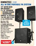 DXN 15" Active Bass Bin Speaker + 2X10" Speakers + Speaker Stands + Microphone + Cables