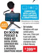 Dixon Podcast, Video Kit Digital Stereo Condenser Mic With Tripod, Integrated Smartphone Mount CAM20