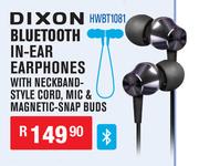 Dixon Bluetooth In Ear Earphones With Neckband Style Cord, Mic And Magnetic Snap Buds HWBT1081
