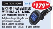 Dixon MP3 FM Transmitter with USB & SD Slots and Cellphone Charger T854-N
