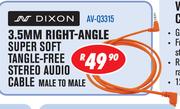 Dixon 3.5mm Right-Angle Super Soft Tangle Free Stereo Audio Cable Male To Male AV-Q3315