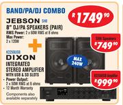 Jebson Band/PA/DJ 8” DJ/PA Speakers (Pair) + Dixon Integrated Stereo Amplifier With USB & SD Slots