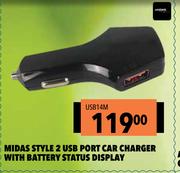 Midas Style 2 USB Port Car Charger With Battery Status Display USB14M