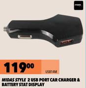 Midas Style 2 USB Port Car Charger & Battery Stat Display USB14M