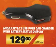 Midas Style 2 USB Port Car Charger With Battery Status Display USB14M