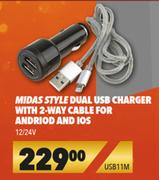 Midas Style Dual USB Charger With 2 Way Cable For Android & IOS 12/24V USB11M 