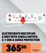 Electric Mate Multiplug 8 Way With Single Switch, 2.1 USB & Surge Protection CPE011