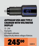 Autogear USB & Type-C Charger With Voltmeter Display USB14