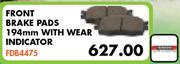 Front Brake Pads 194mm With Wear Indicator FDB4475 For Ford Ranger 2.2 TDCi 2012
