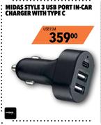 Midas Style 3 USB Port In Car Charger With Type C USB15M
