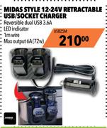 Midas Style 12-24V Retractable USB/Socket Charger USB25M