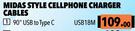 Midas Style Cellphone Charger Cables 90 Degree USB To Type C USB18M