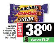 Cadbury Lunch Bar,Crunchie,P.S,Astros,5 Star-For 3 x 40g-48g