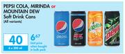 Pepsi Cola, Mirinda Or Mountain Dew Soft Drink Cans (All Variants)-6 x 300ml