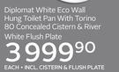 Diplomat White Eco Wall Hung Toilet Pan With Torino 80 Concealed Cistern & River White Flush Plate