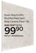 Dover Grey Ecotec Rectified Matt Hard Body Ceramic Floor Tile-600 x 600mm Per Sqm