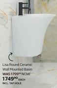 Lisa Round Ceramic Wall Mounted Basin-Each