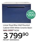 Linear Royal Blue Wall Mounted Cabinet With White Ceramic Basin-600 x 460mm Per Set
