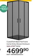 Crystal Tech Black Flat Frame Corner Entry Shower Enclosure-885 x 885 x 2000mm Each