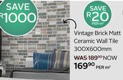 Vintage Brick Matt Ceramic Wall Tile-300 x 600mm Per Sqm