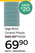 Sage Brick Ceramic Mosaic-50 x 200mm Each