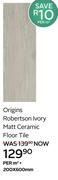 Origins Robertson Ivory Matt Ceramic Floor Tile 200 x 600mm-Per Sqm
