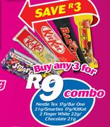 Nestle Tex 17g/Bar One 21g/Smarties 17g/Kitkat 2 Finger White 22g/Chocolate 21g-For Any 3