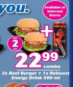 2 x Beef Burger + 1 x Reboost Energy Drink 500ml Combo