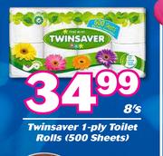 Twinsaver 1 Ply Toilet Rolls 500 Sheets-8's
