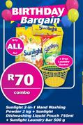 Sunlight 2in1 Hand Washing Powder 2Kg+Sunlight Dishwashing Liquid Pouch 750ml