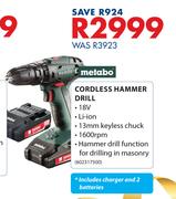 Metabo Cordless Hammer Drill Includes Charger & 2 Batteries 602317500