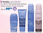 Yardley Lace Gift Set:Perfumed Body Sprays-2x90ml, Hand cream-75ml & Roll On-50ml