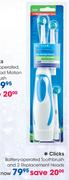 Clicks Battery-Operated Toothbrush And 2 Replacement Heads