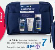 Clicks Essential Kit Gift Set: face Wash 100ml, Shower Gel 250ml, Bump Control 100ml